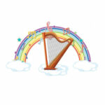 graphic of harp and music notes on a rainbow 